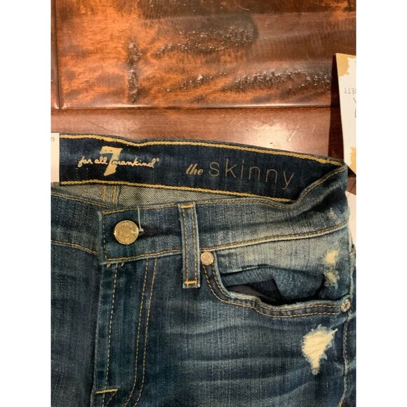 7 For All Mankind Med Wash Skinny Super Skinny Distressed Blue Jeans, Sz 25 NWT - Picture 3 of 6